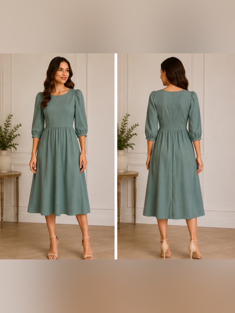 DAZY Sage Green Midi Dress Size M Puff Sleeve Empire Waist Modest Casual